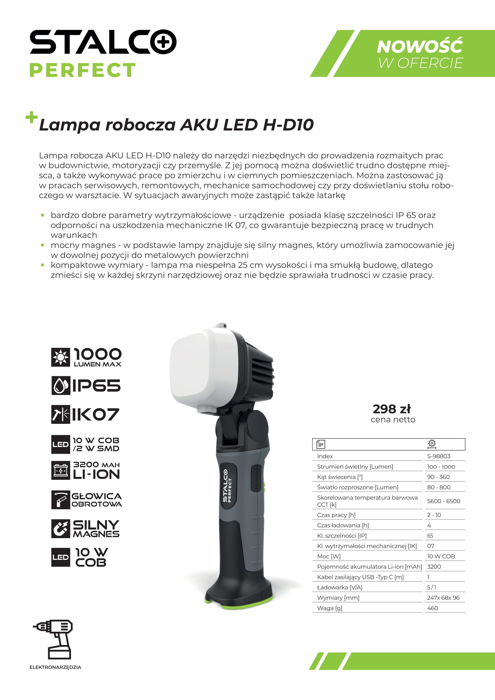 LAMPA ROBOCZA AKU LED H-D10 STALCO PERFECT S-98803